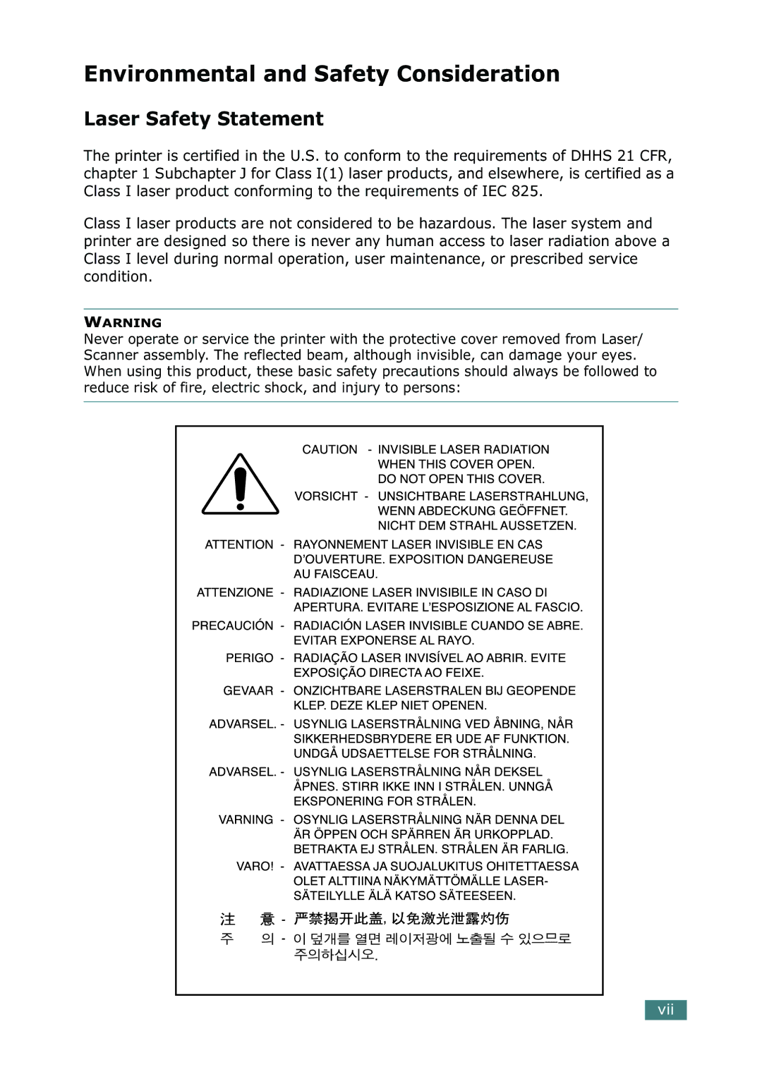 Samsung ML-2150 manual Environmental and Safety Consideration, Laser Safety Statement 