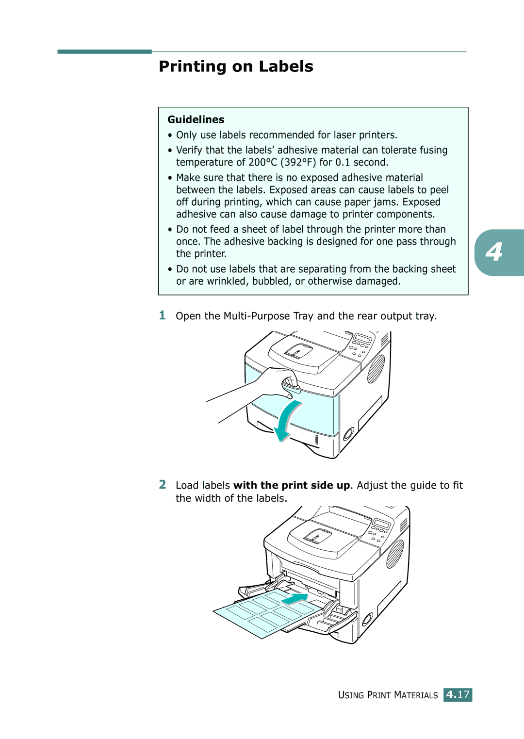 Samsung ML-2150 manual Printing on Labels, Guidelines 