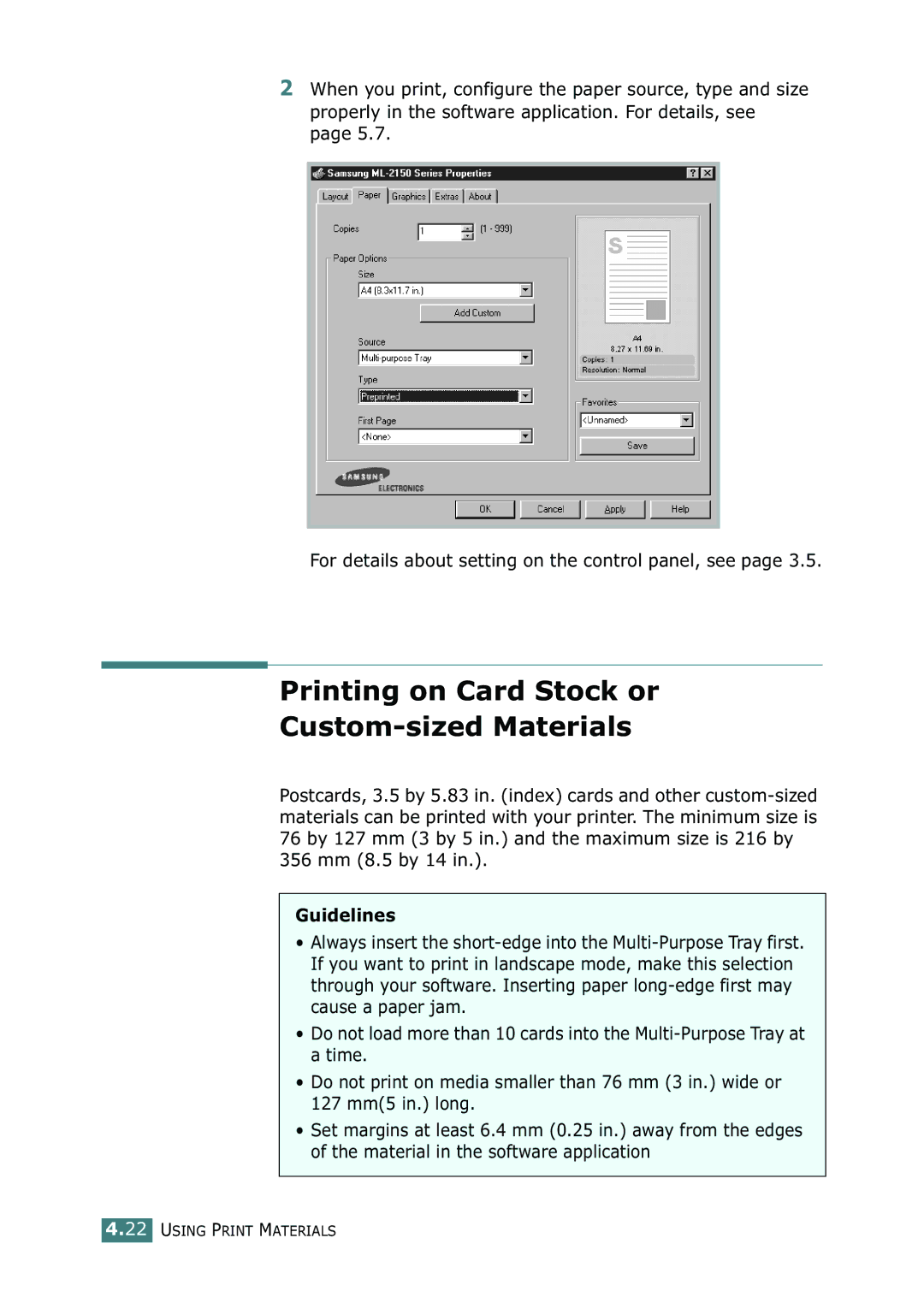 Samsung ML-2150 manual Printing on Card Stock or Custom-sized Materials 