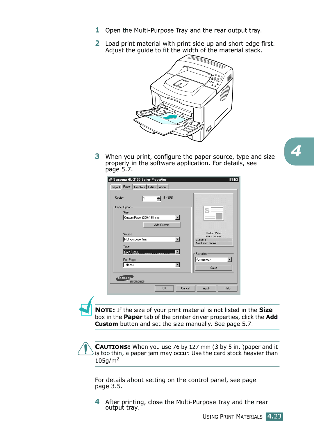 Samsung ML-2150 manual Open the Multi-Purpose Tray and the rear output tray 