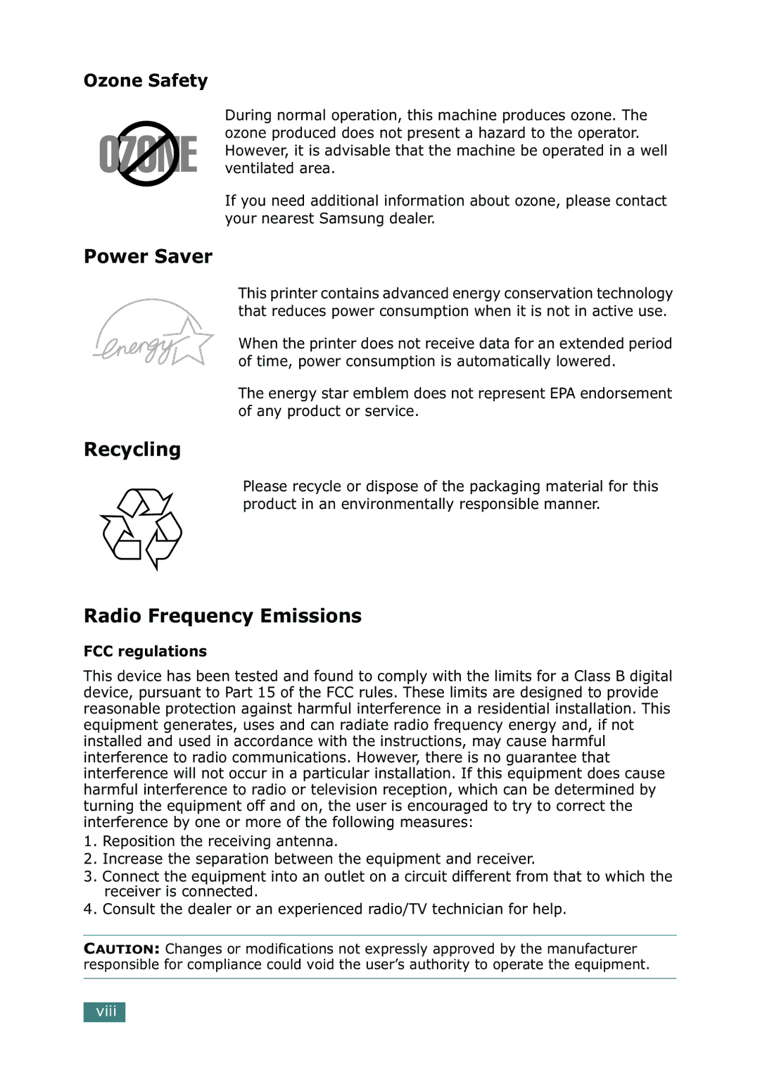 Samsung ML-2150 manual Power Saver, Recycling, Radio Frequency Emissions, FCC regulations 