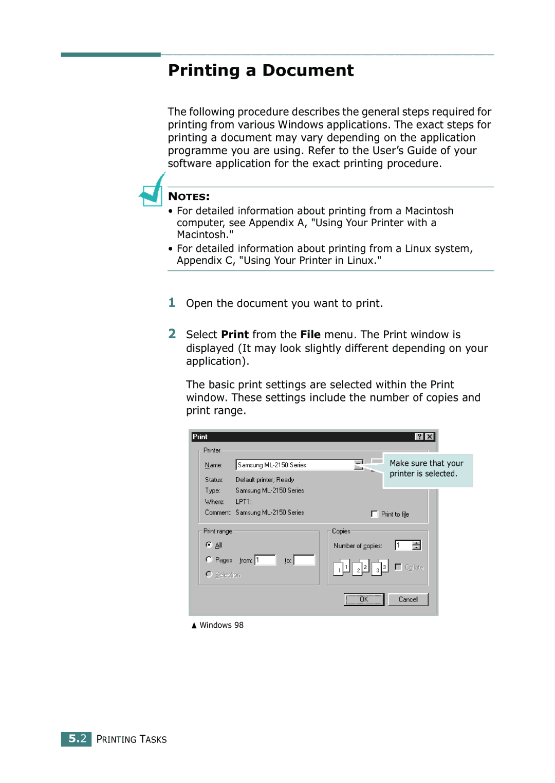 Samsung ML-2150 manual Printing a Document 