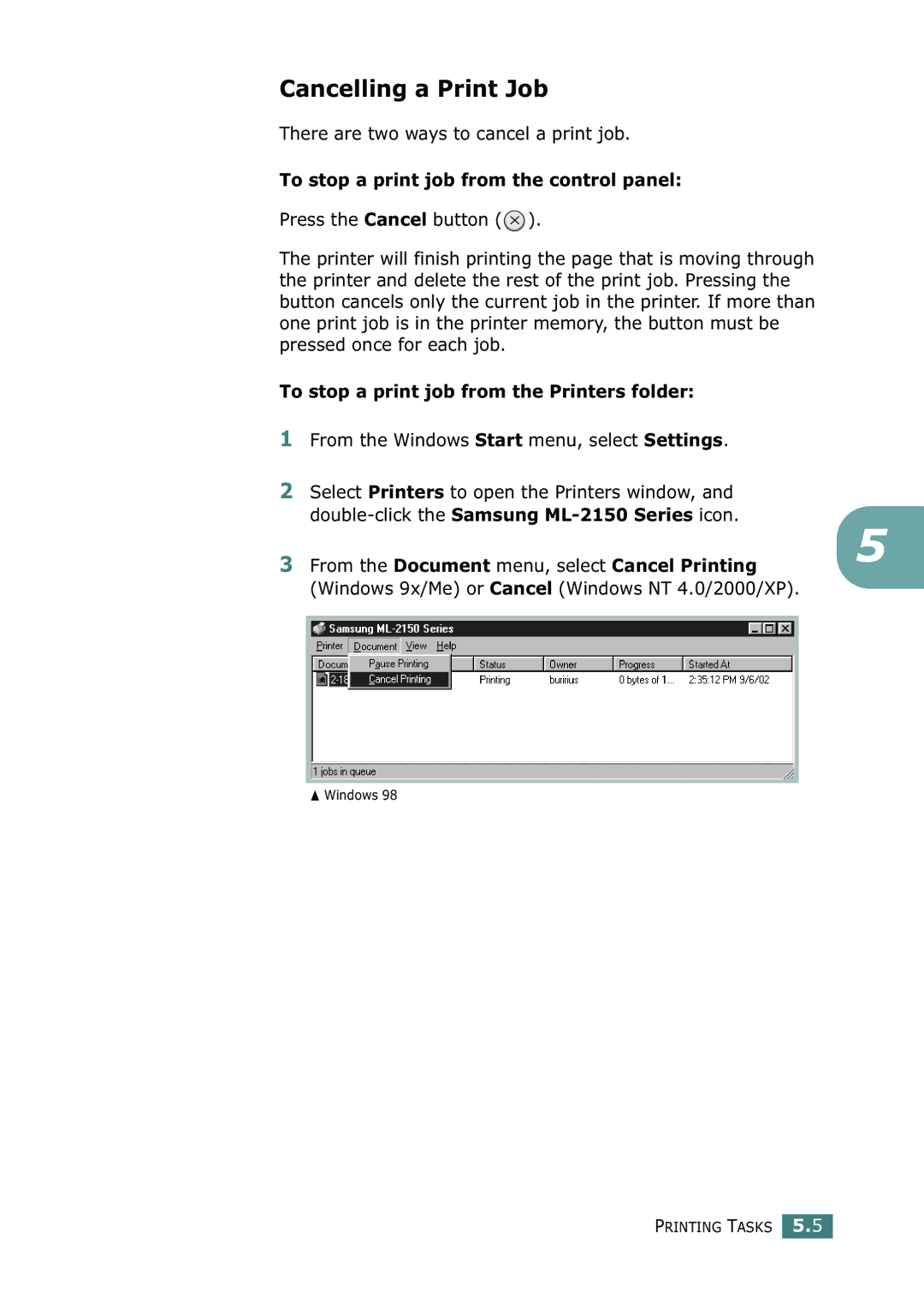 Samsung ML-2150 manual Cancelling a Print Job, There are two ways to cancel a print job 