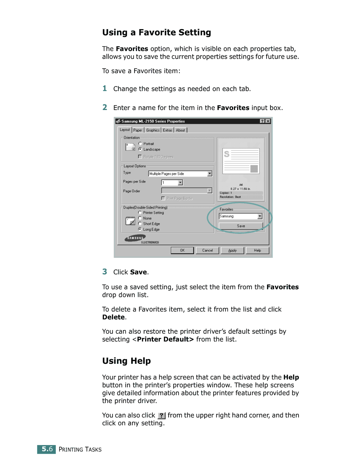 Samsung ML-2150 manual Using a Favorite Setting, Using Help 