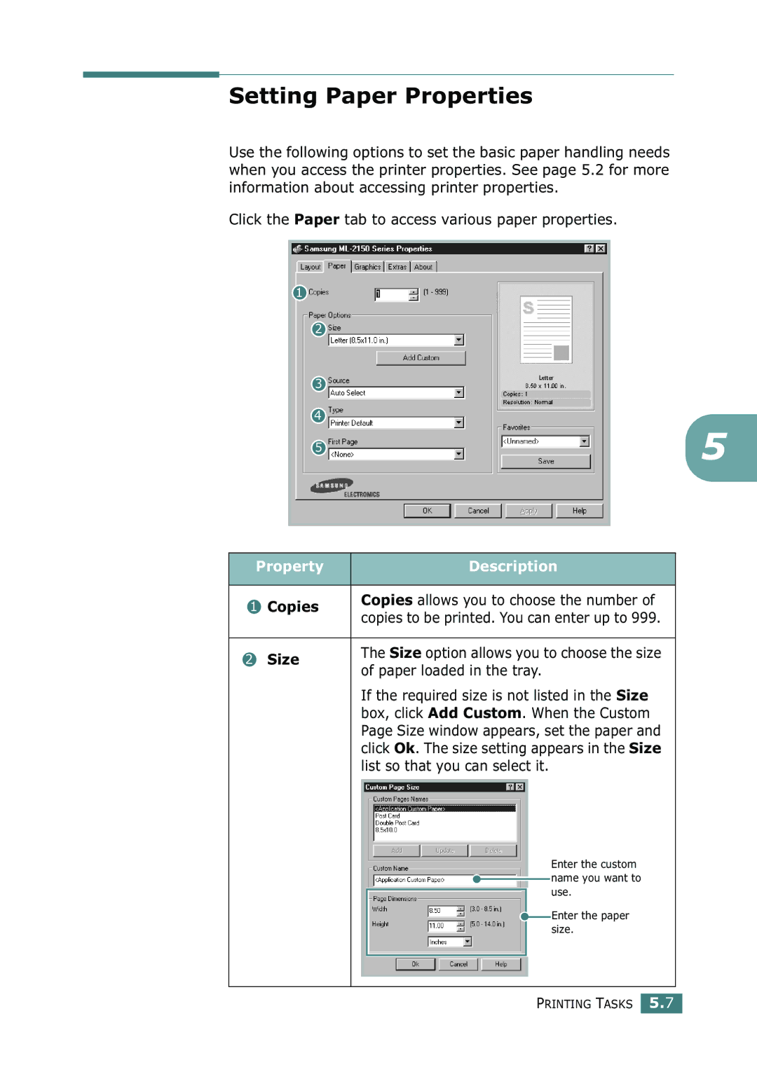 Samsung ML-2150 manual Setting Paper Properties, Property Description, Copies, Size, Paper loaded in the tray 