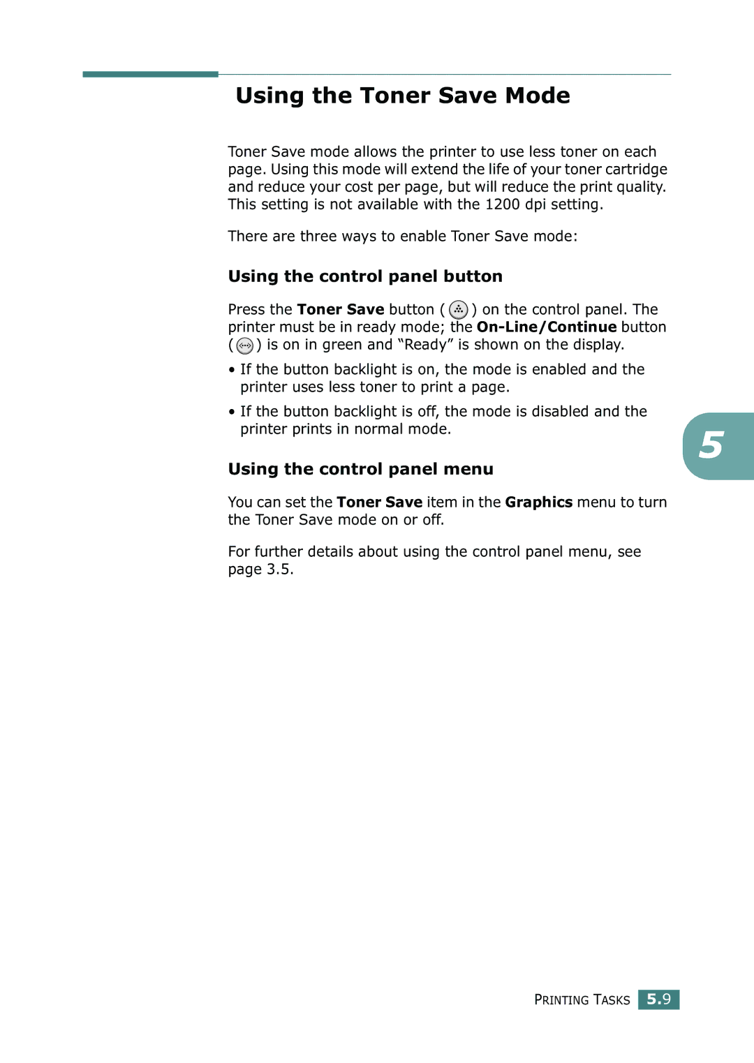 Samsung ML-2150 manual Using the Toner Save Mode, Using the control panel button, Using the control panel menu 