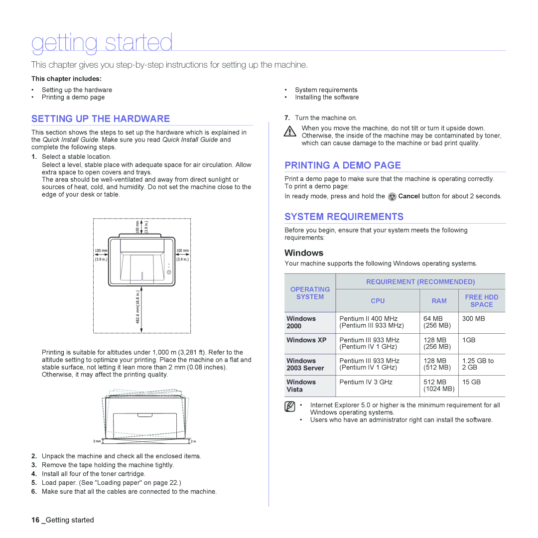 Samsung ML-2240 manual Getting started, Setting UP the Hardware, Printing a Demo, System Requirements, Windows 