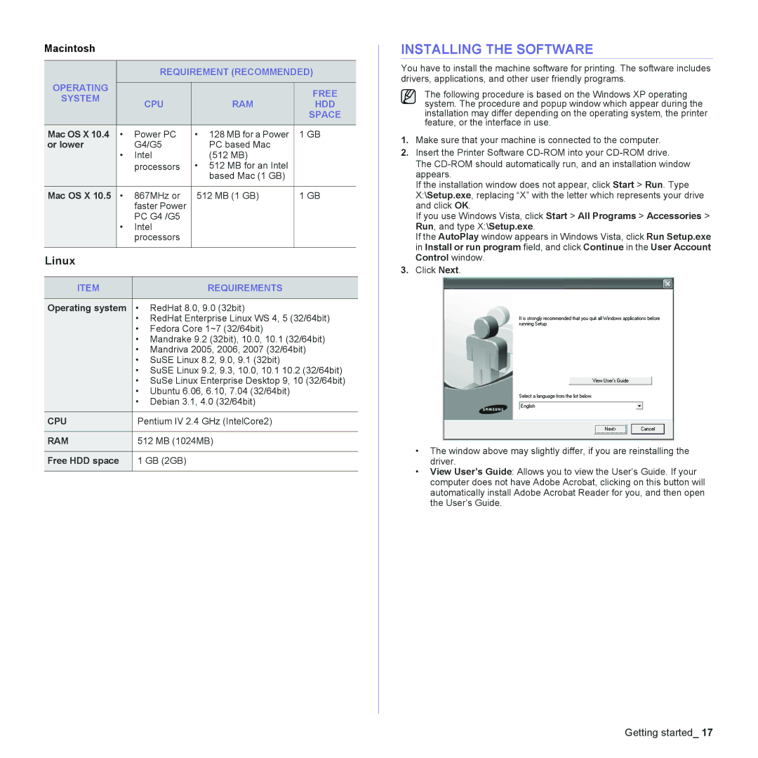 Samsung ML-2240 manual Installing the Software, Linux, Requirements 