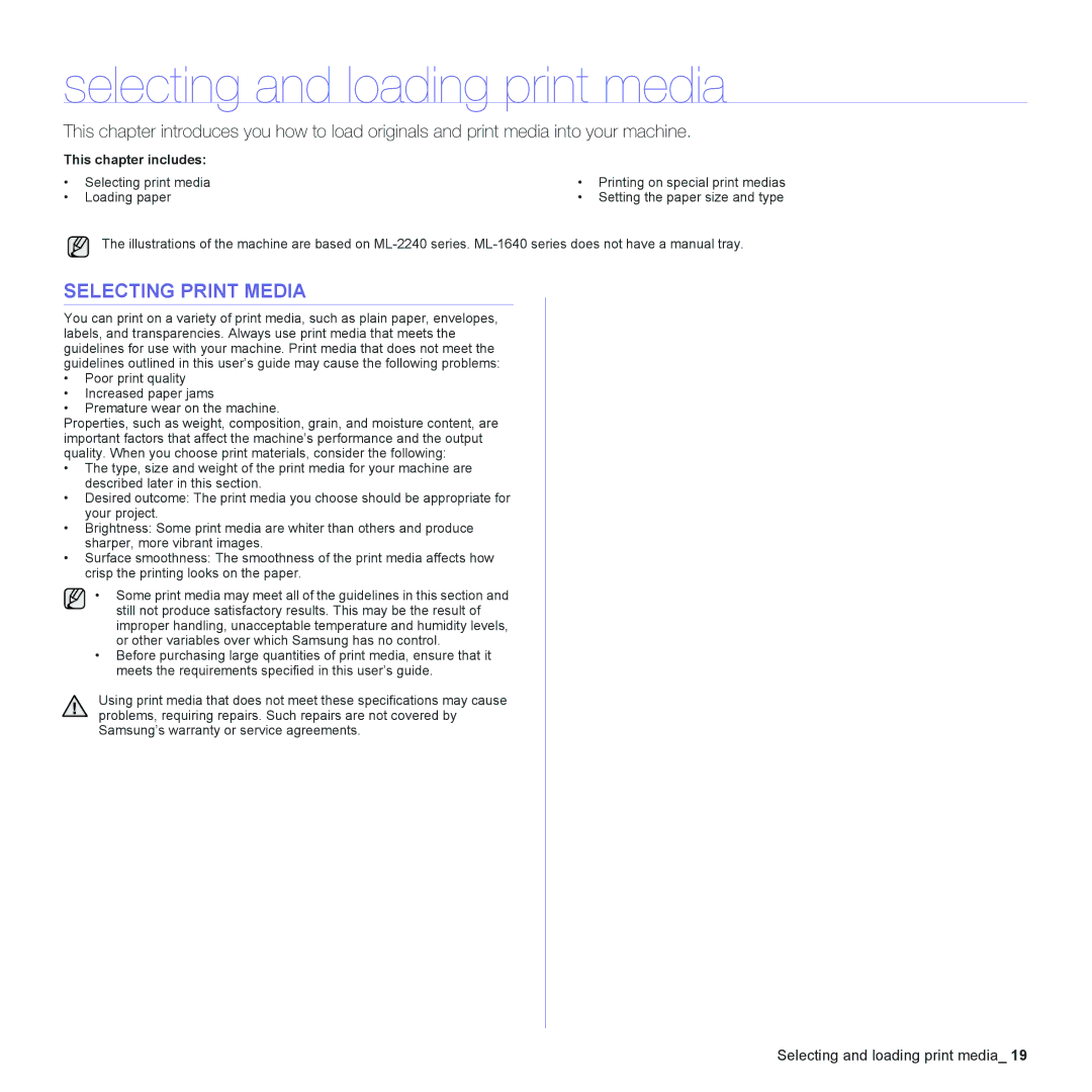 Samsung ML-2240 manual Selecting and loading print media, Selecting Print Media 