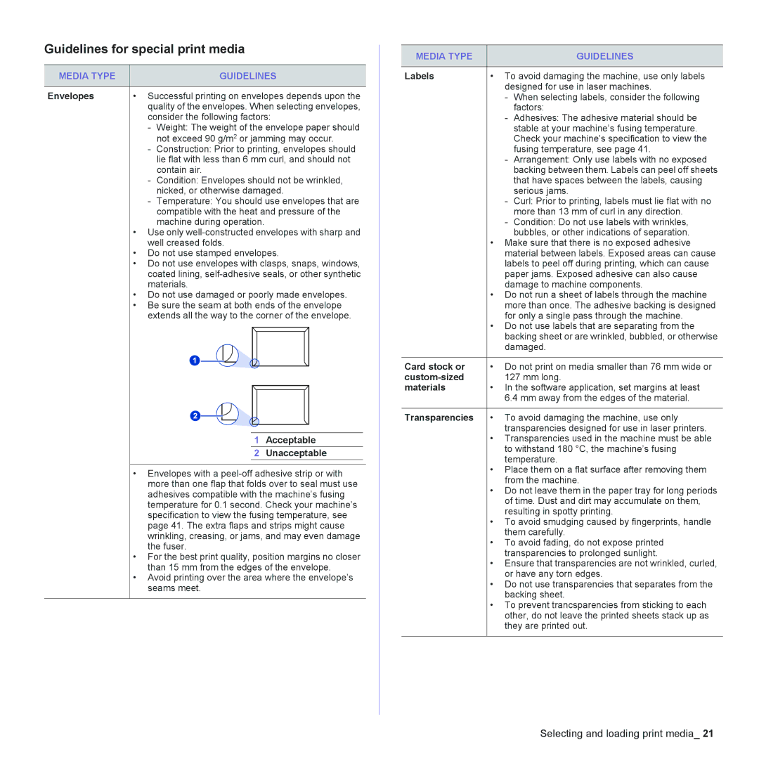 Samsung ML-2240 manual Guidelines for special print media, Media Type Guidelines 