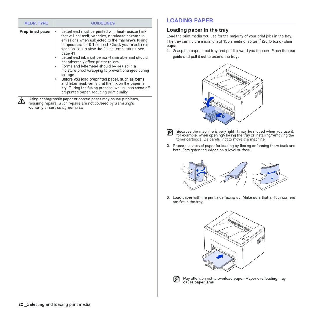 Samsung ML-2240 manual Loading Paper, Loading paper in the tray, Preprinted paper 