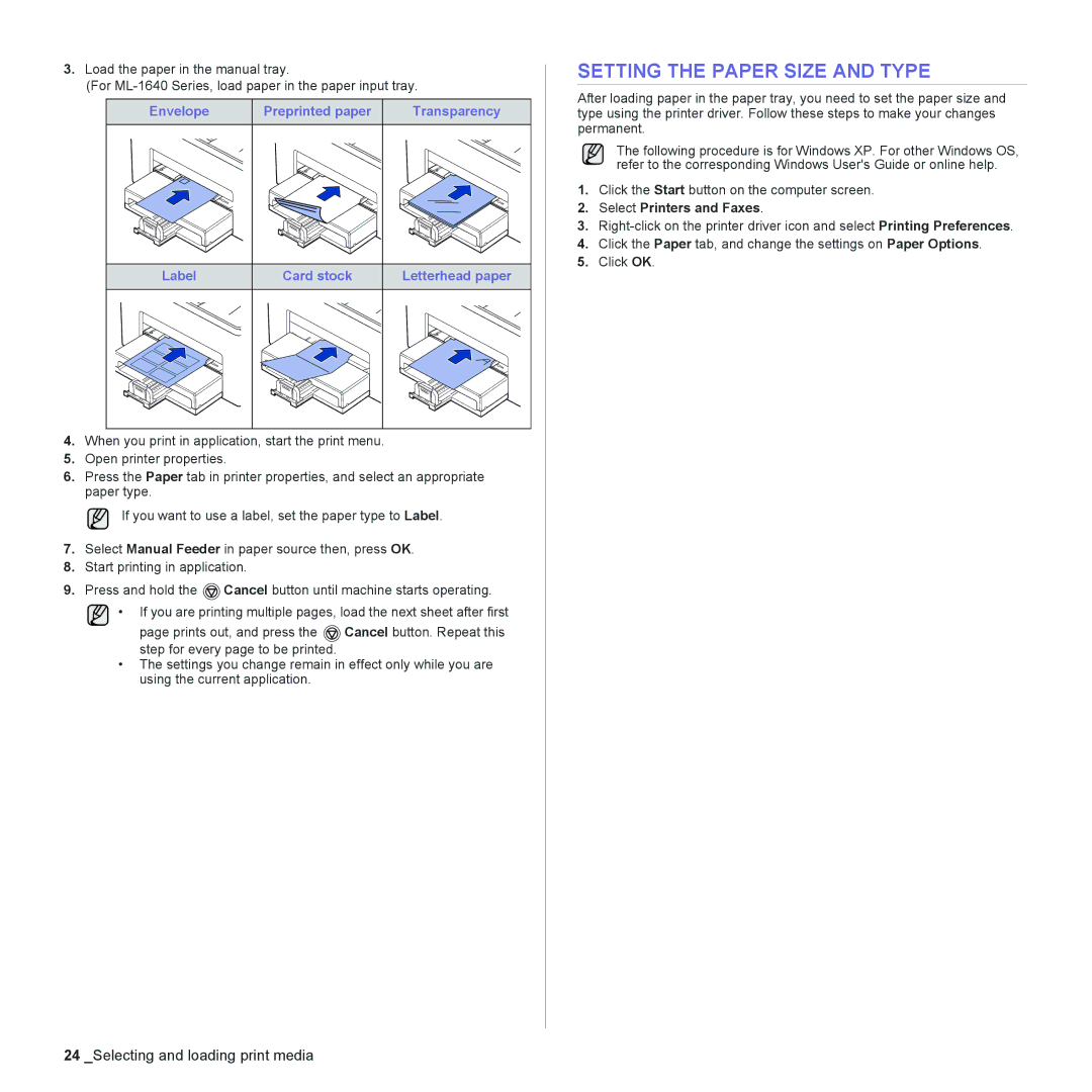 Samsung ML-2240 manual Setting the Paper Size and Type, Select Printers and Faxes 