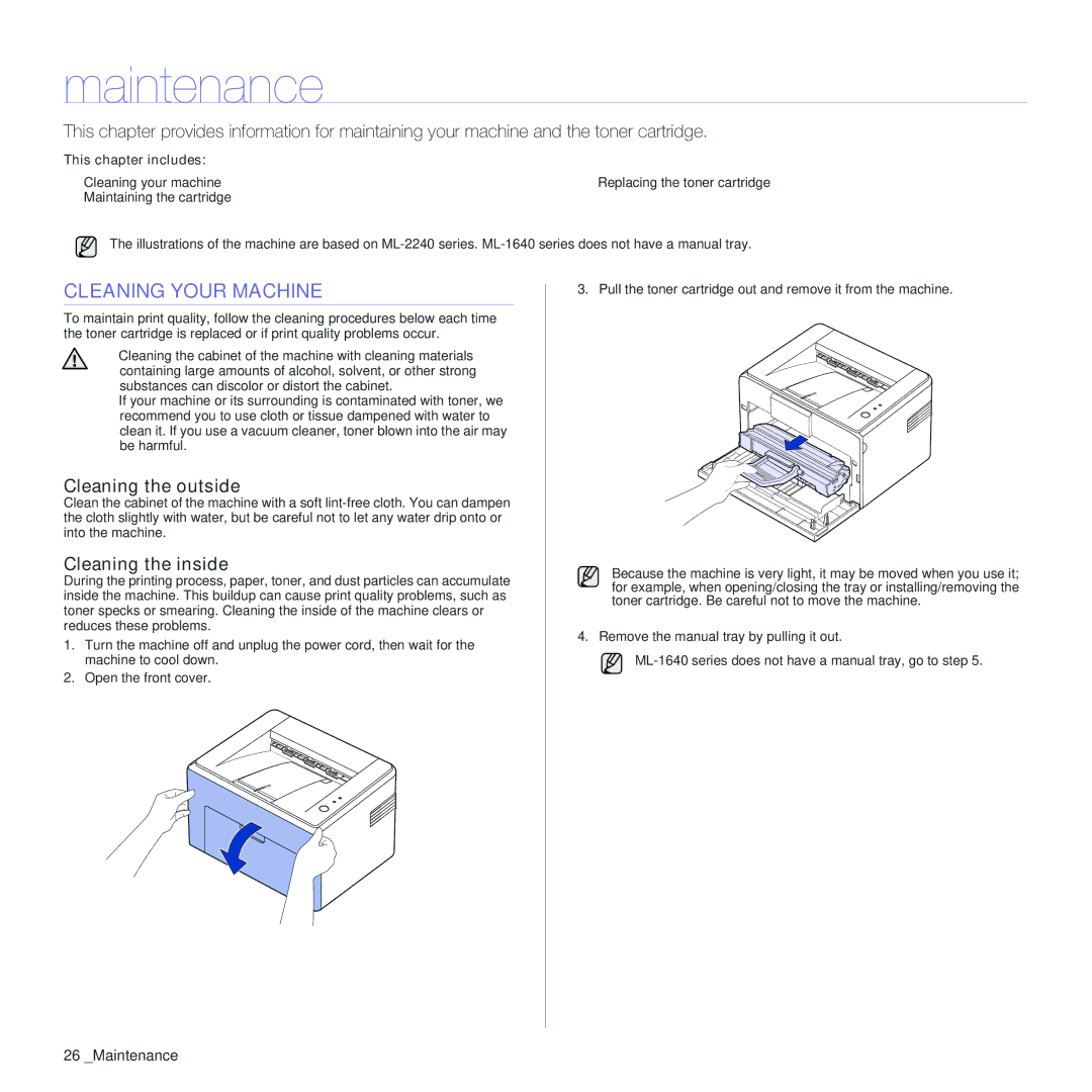 Samsung ML-2240 manual Maintenance, Cleaning Your Machine, Cleaning the outside, Cleaning the inside 