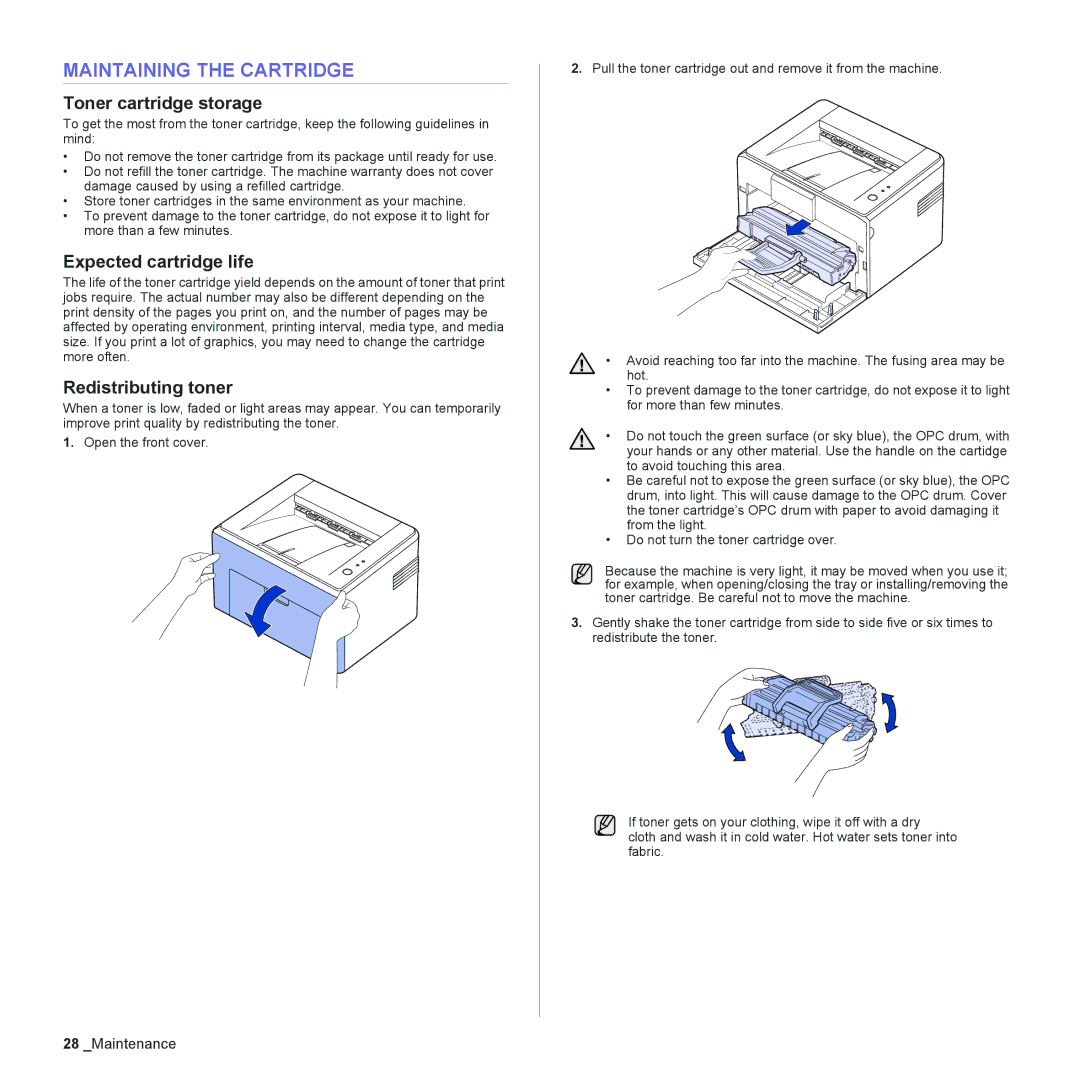 Samsung ML-2240 manual Maintaining the Cartridge, Toner cartridge storage, Expected cartridge life, Redistributing toner 