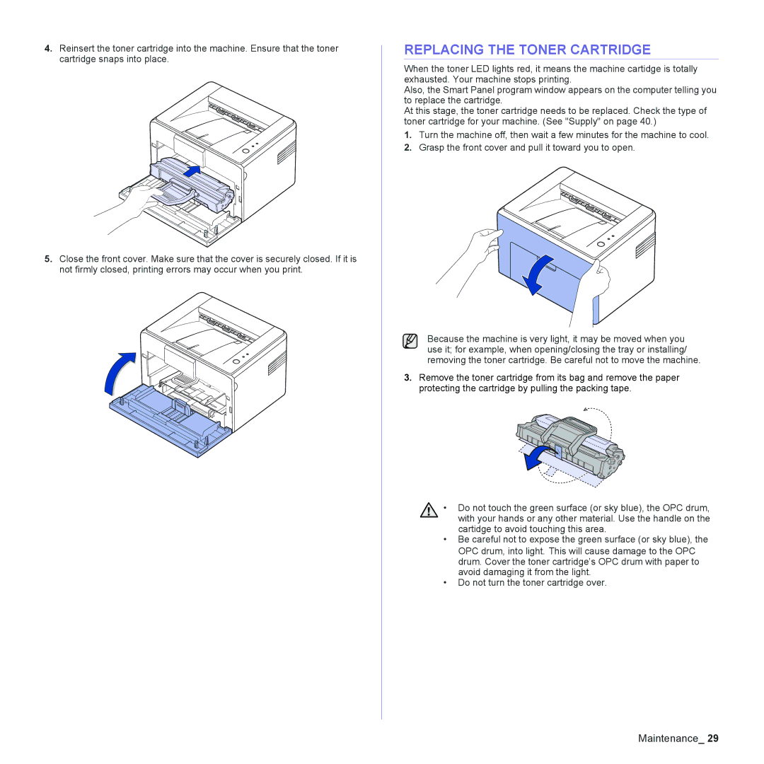 Samsung ML-2240 manual Replacing the Toner Cartridge 