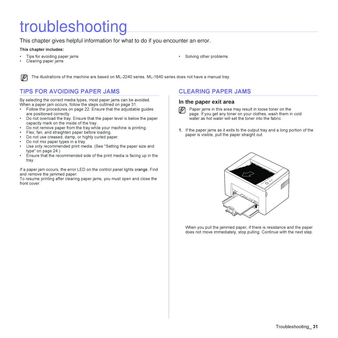 Samsung ML-2240 manual Troubleshooting, Tips for Avoiding Paper Jams, Clearing Paper Jams, Paper exit area 