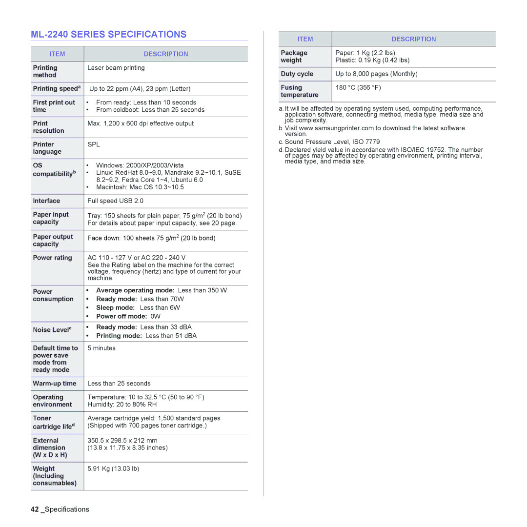 Samsung manual ML-2240 Series Specifications 