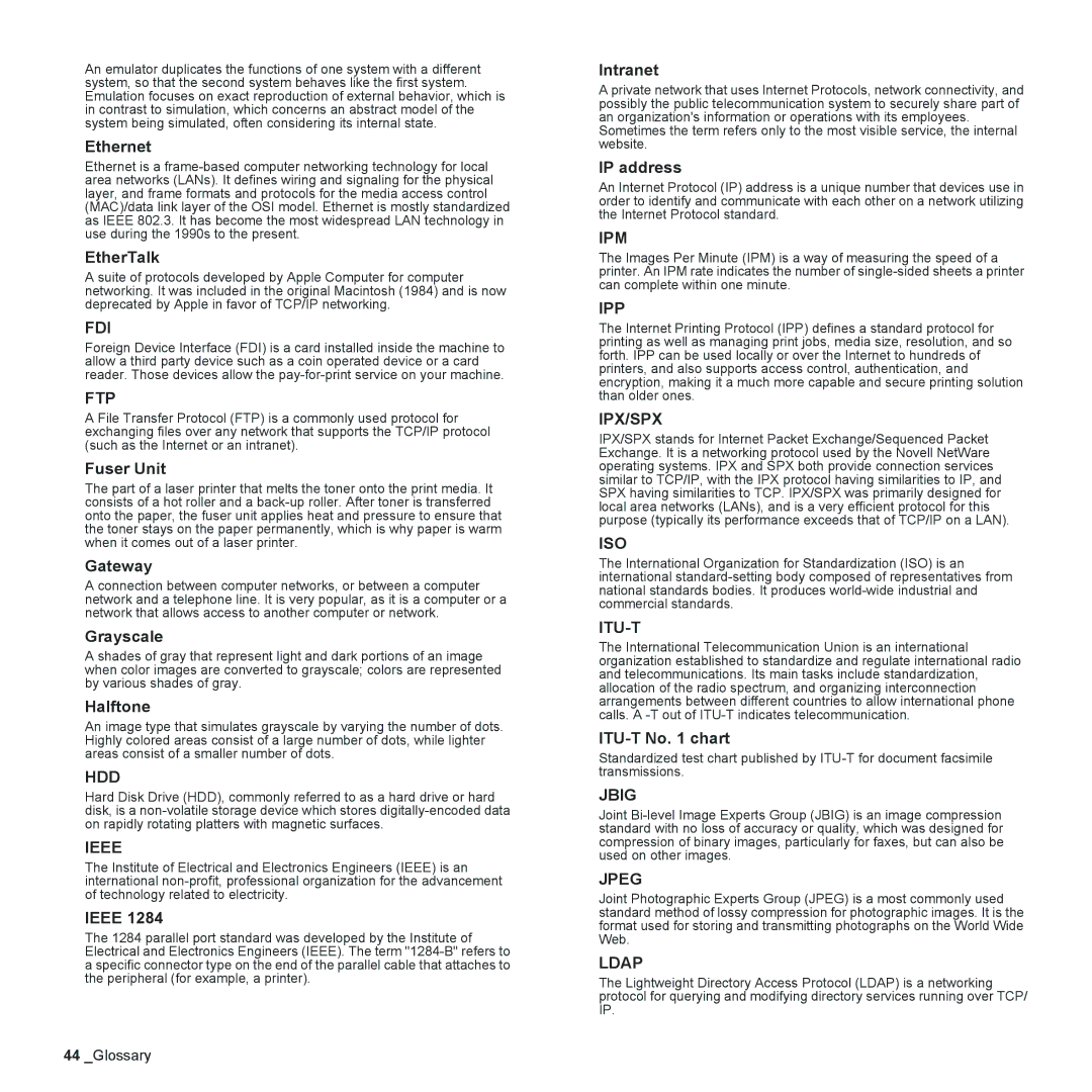 Samsung ML-2240 Ethernet, EtherTalk, Fuser Unit, Gateway, Grayscale, Halftone, Ieee, Intranet, IP address, ITU-T No chart 
