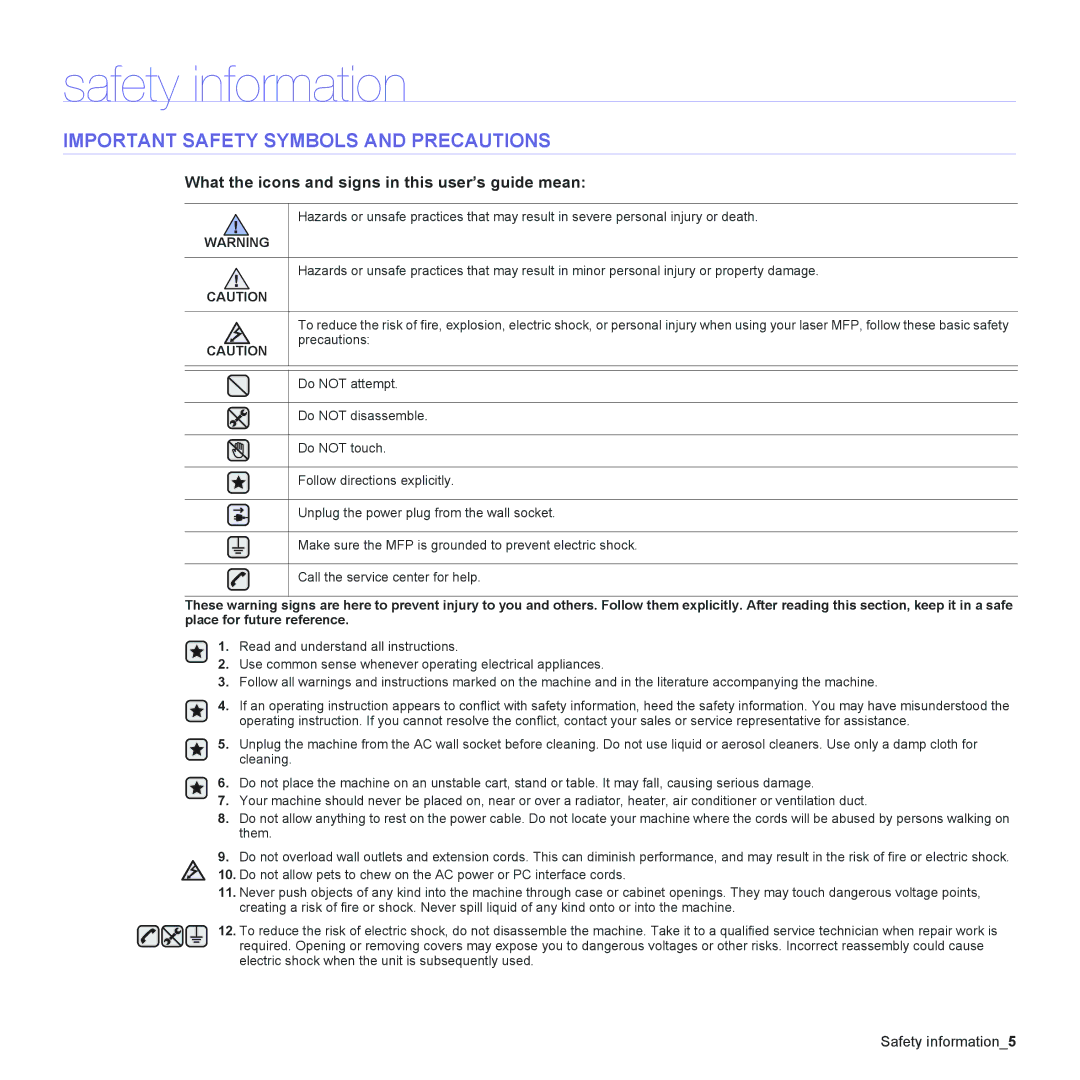 Samsung ML-2240 manual Safety information, Important Safety Symbols and Precautions 