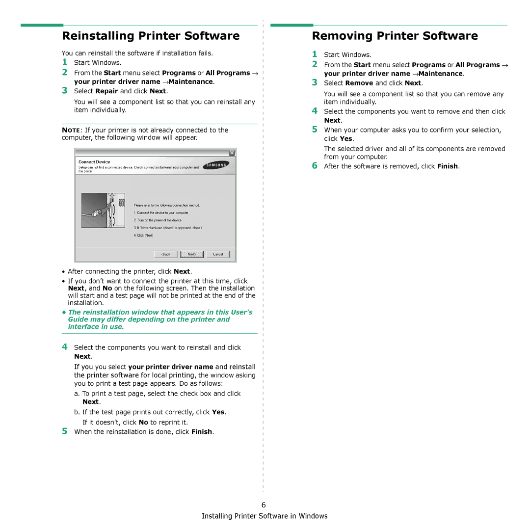 Samsung ML-2240 manual Reinstalling Printer Software, Removing Printer Software 