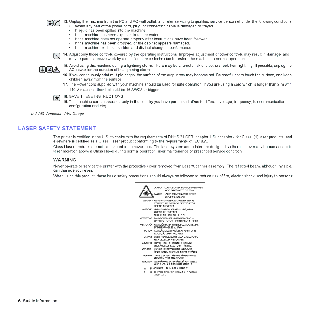 Samsung ML-2240 manual Laser Safety Statement 