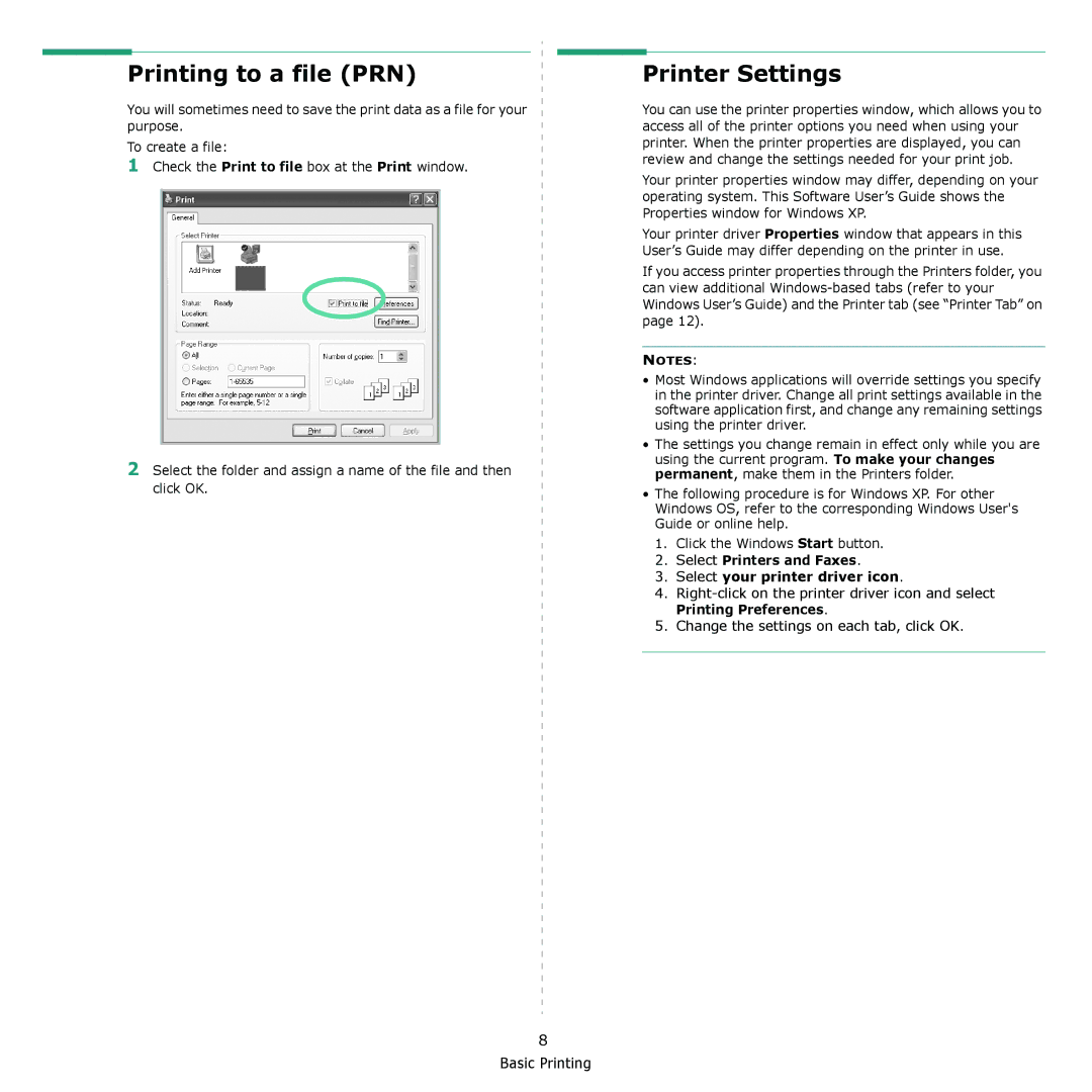 Samsung ML-2240 manual Printing to a file PRN, Printer Settings, Select Printers and Faxes Select your printer driver icon 