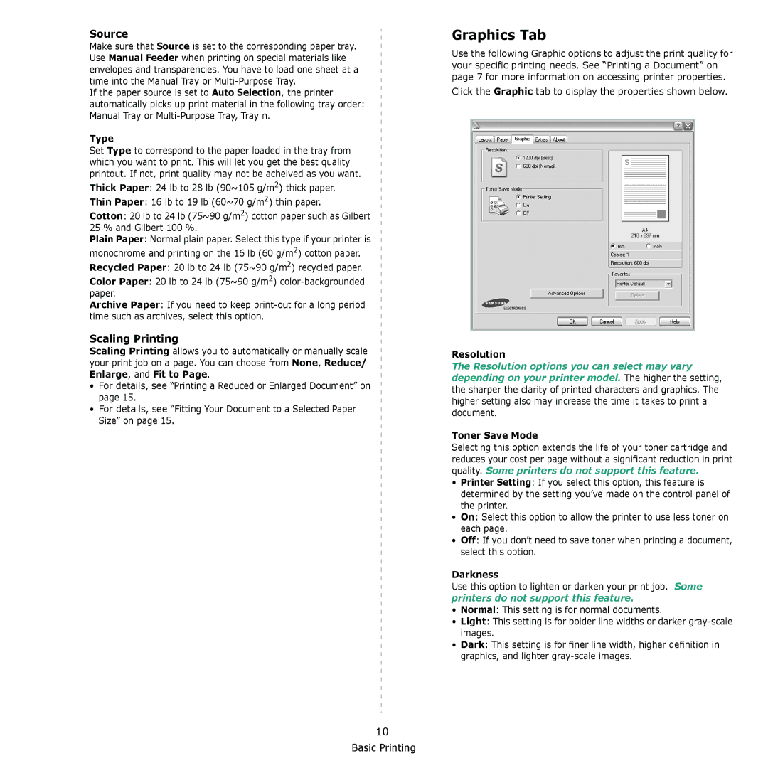 Samsung ML-2240 manual Graphics Tab, Type, Resolution, Toner Save Mode, Darkness 