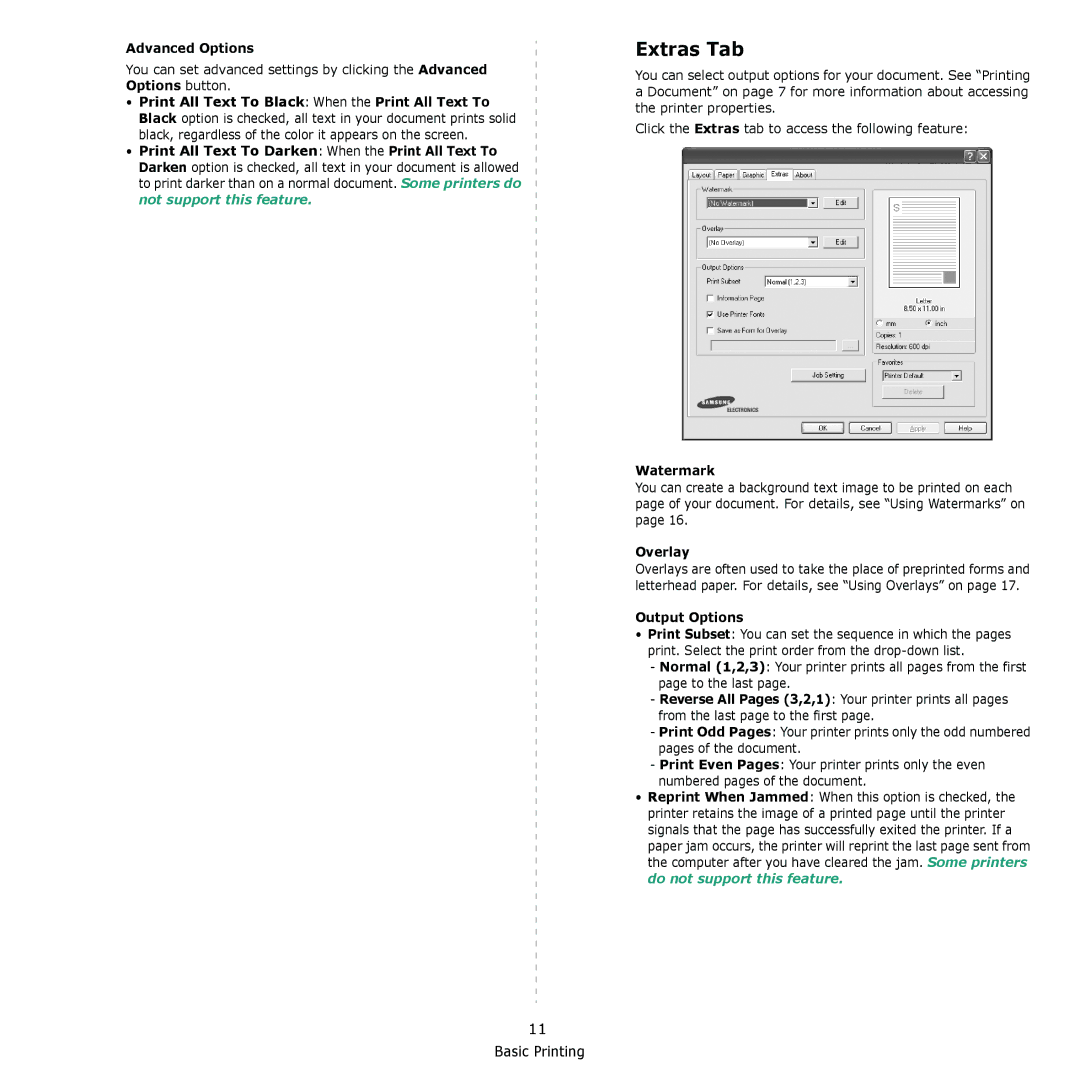 Samsung ML-2240 manual Extras Tab, Advanced Options, Watermark, Overlay, Output Options 