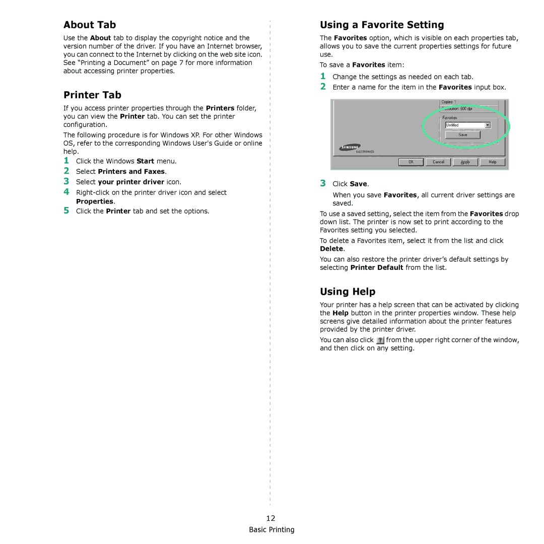 Samsung ML-2240 manual About Tab, Printer Tab, Using a Favorite Setting, Using Help, Properties 