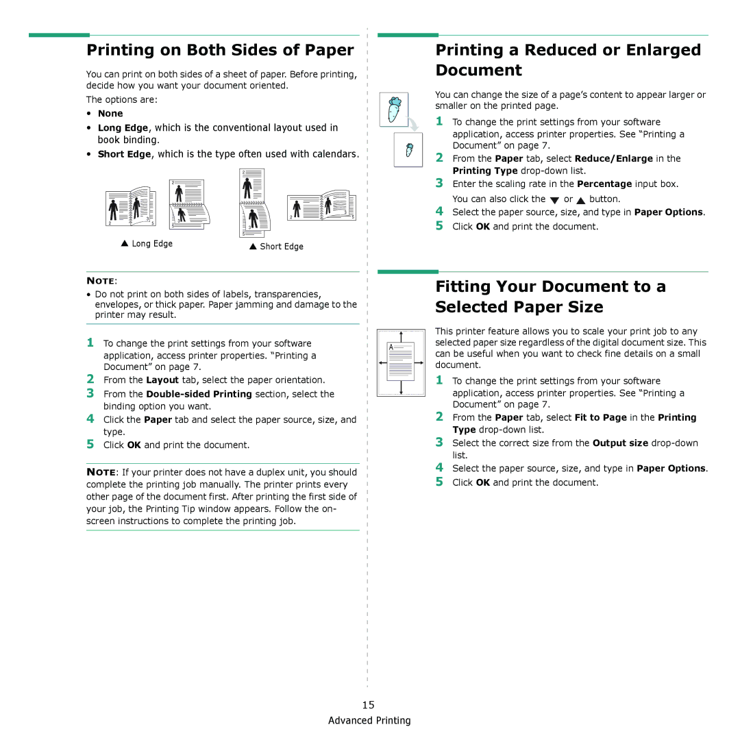 Samsung ML-2240 manual Printing on Both Sides of Paper, Printing a Reduced or Enlarged Document, None 