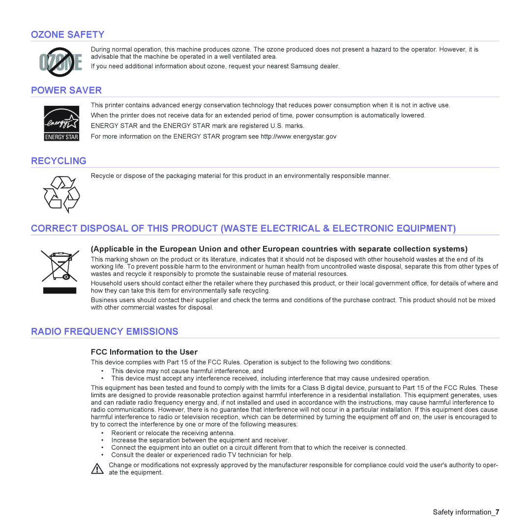 Samsung ML-2240 manual Ozone Safety, Power Saver, Recycling, Radio Frequency Emissions, FCC Information to the User 