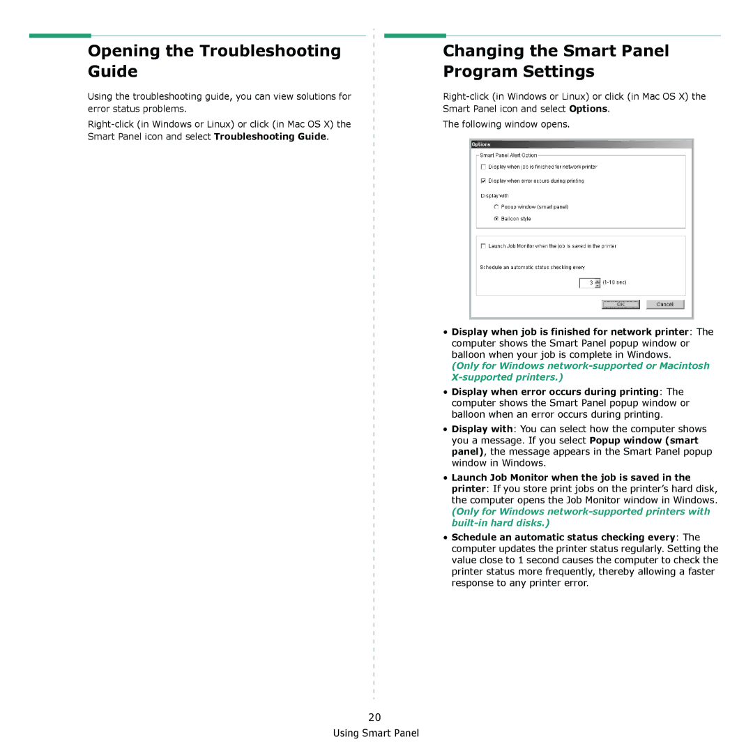 Samsung ML-2240 manual Opening the Troubleshooting Guide, Changing the Smart Panel Program Settings 