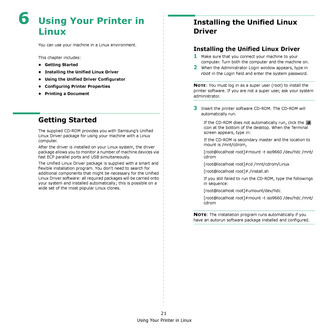 Samsung ML-2240 manual Getting Started, Installing the Unified Linux Driver 