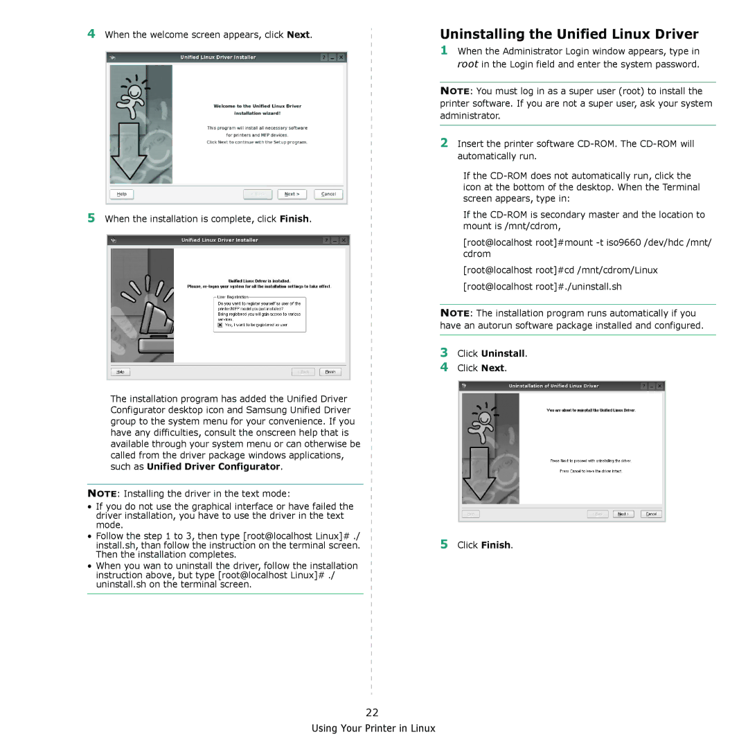 Samsung ML-2240 manual Uninstalling the Unified Linux Driver, Click Uninstall 