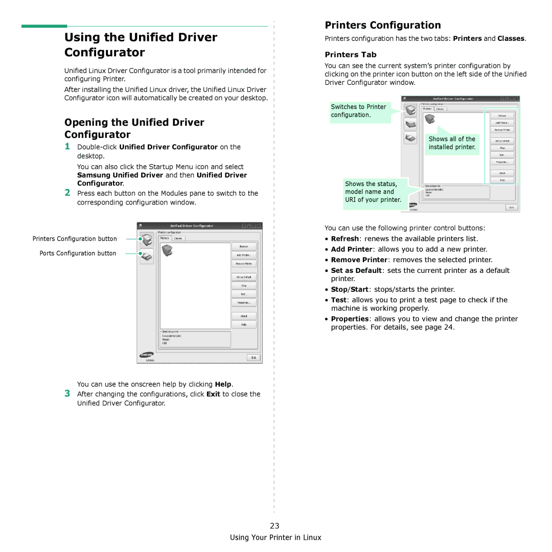 Samsung ML-2240 Using the Unified Driver Configurator, Printers Configuration, Opening the Unified Driver Configurator 