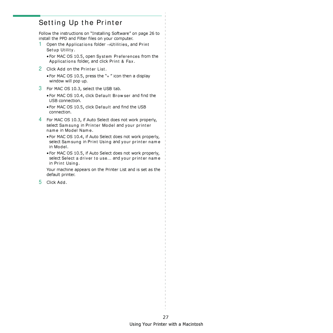 Samsung ML-2240 manual Setting Up the Printer, Click Add on the Printer List 