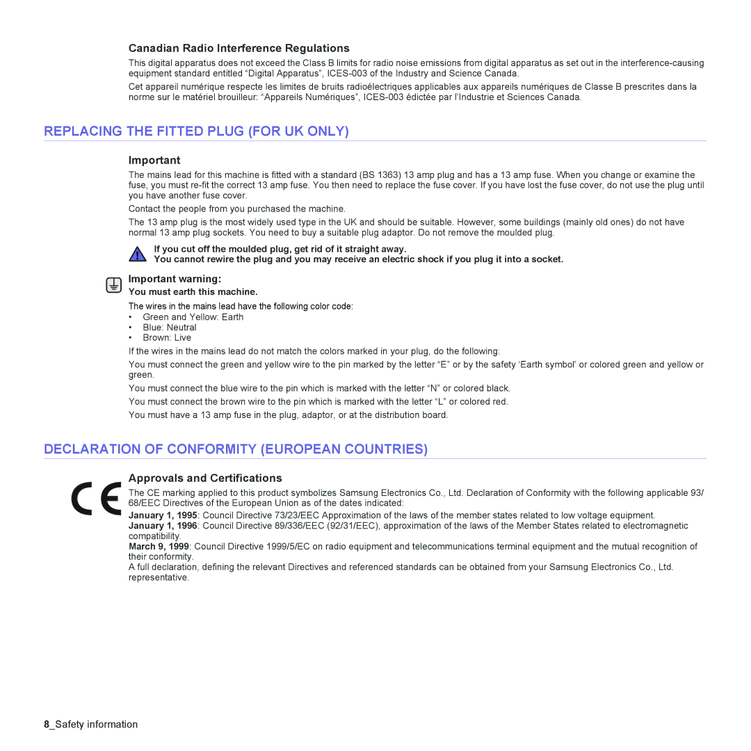 Samsung ML-2240 manual Replacing the Fitted Plug for UK only, Declaration of Conformity European Countries 