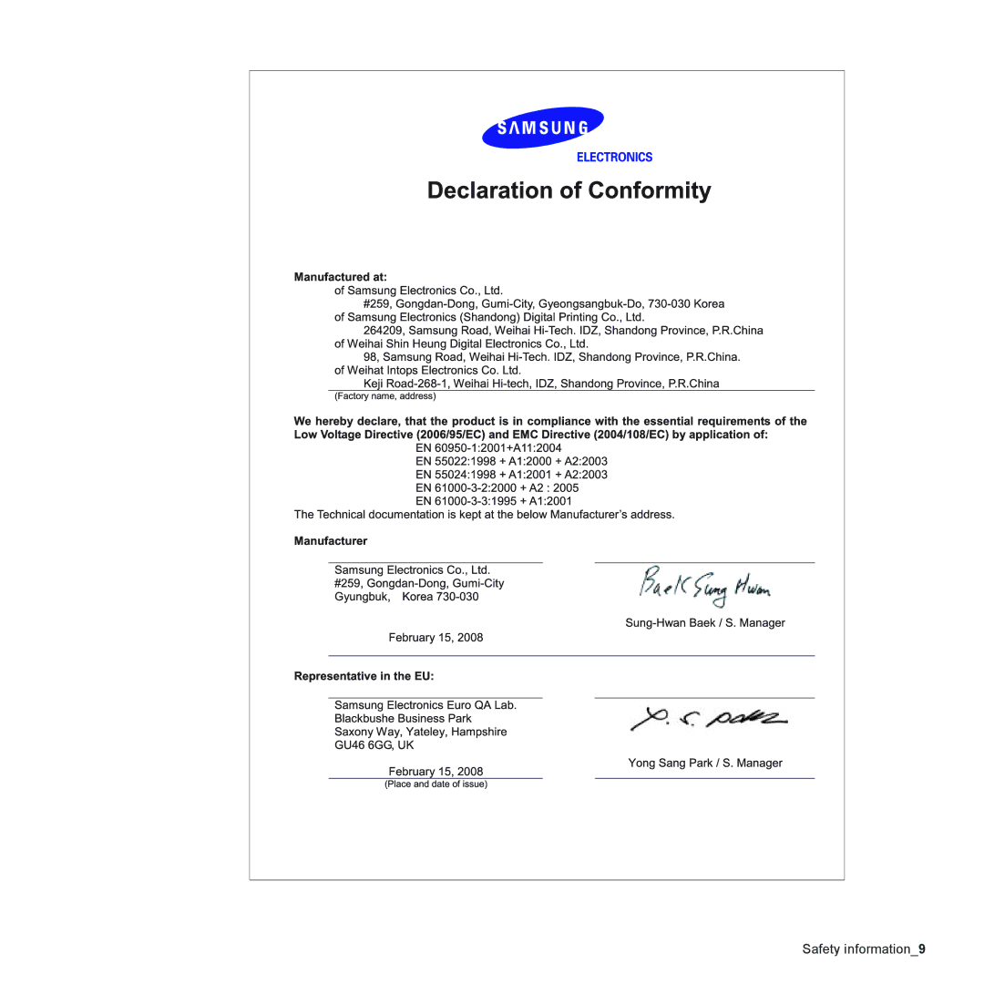 Samsung ML-2240 manual Safety information9 