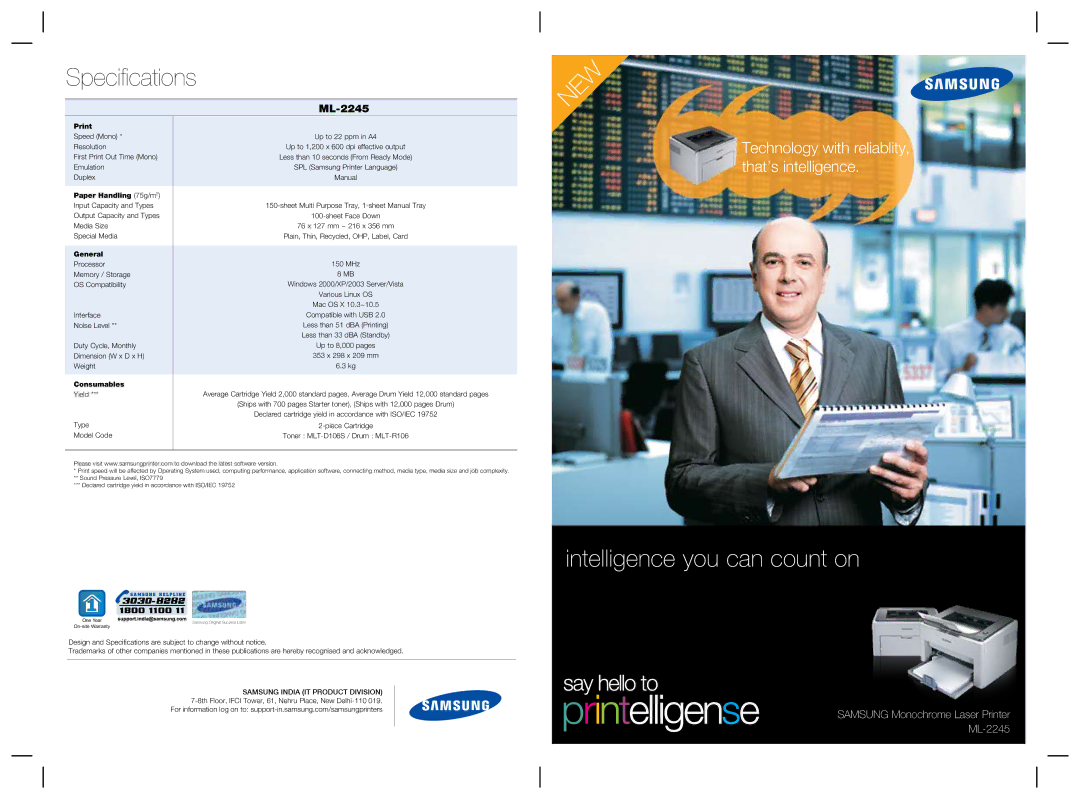 Samsung ML-2245 specifications Print, Paper Handling 75g/m2, General, Consumables 