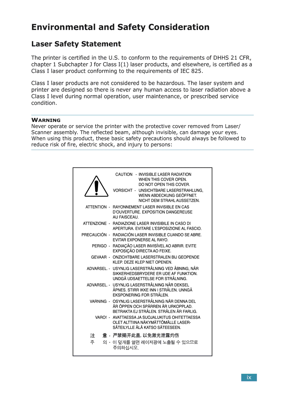 Samsung ML-2251NP manual Environmental and Safety Consideration, Laser Safety Statement 