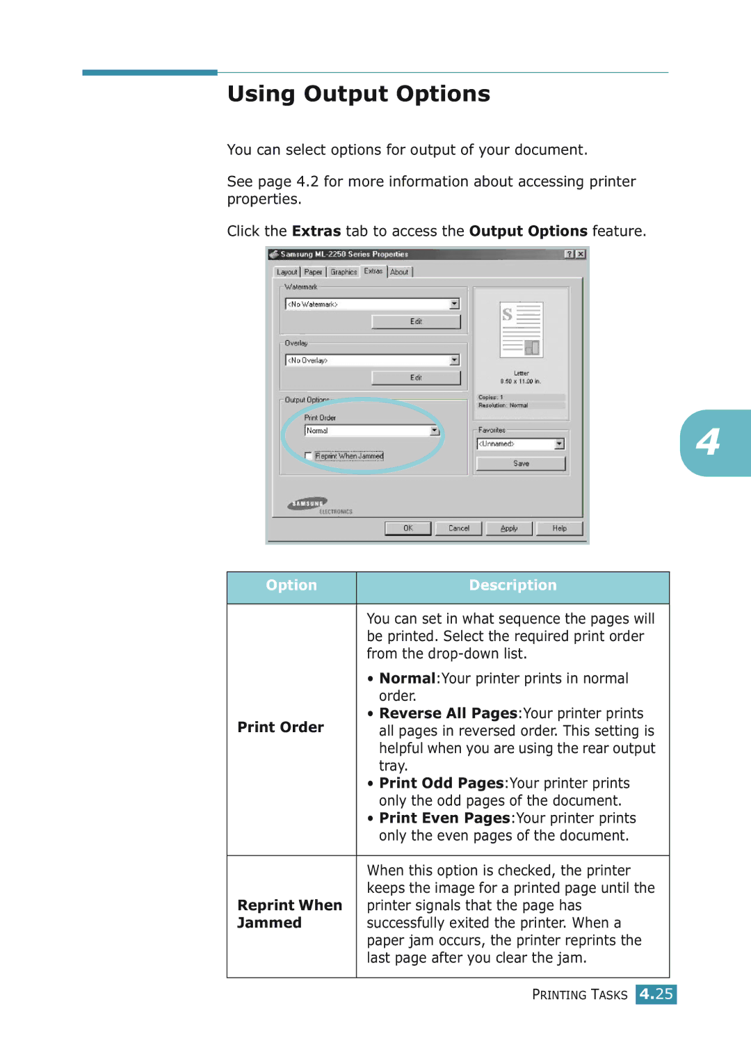 Samsung ML-2251NP manual Using Output Options, Option Description, Print Order, Reprint When, Jammed 