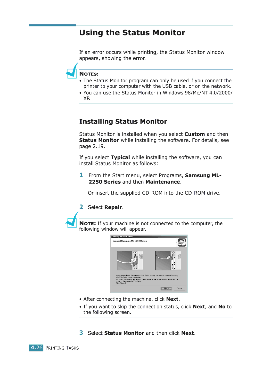 Samsung ML-2251NP manual Using the Status Monitor, Installing Status Monitor 