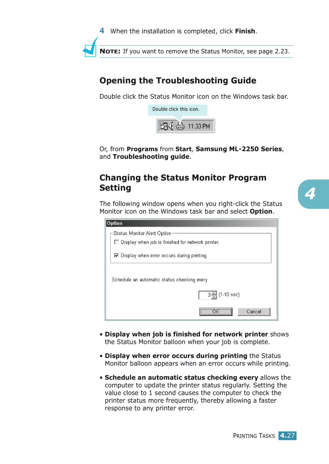 Samsung ML-2251NP manual Opening the Troubleshooting Guide, Changing the Status Monitor Program Setting 