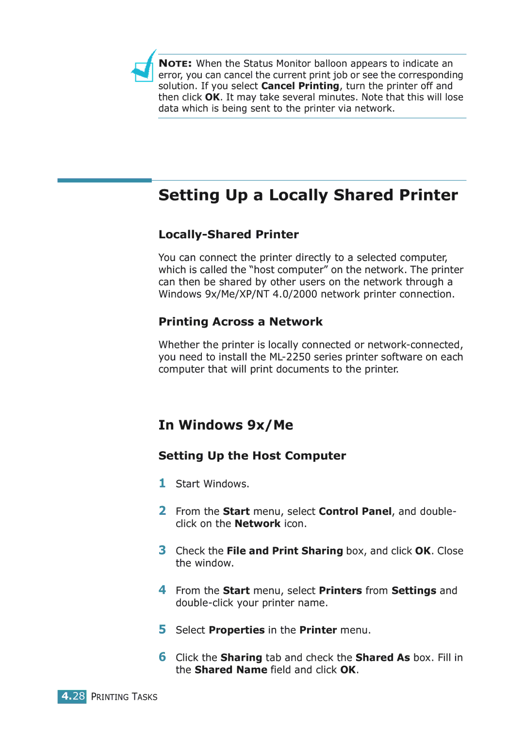 Samsung ML-2251NP Setting Up a Locally Shared Printer, Windows 9x/Me, Locally-Shared Printer, Printing Across a Network 