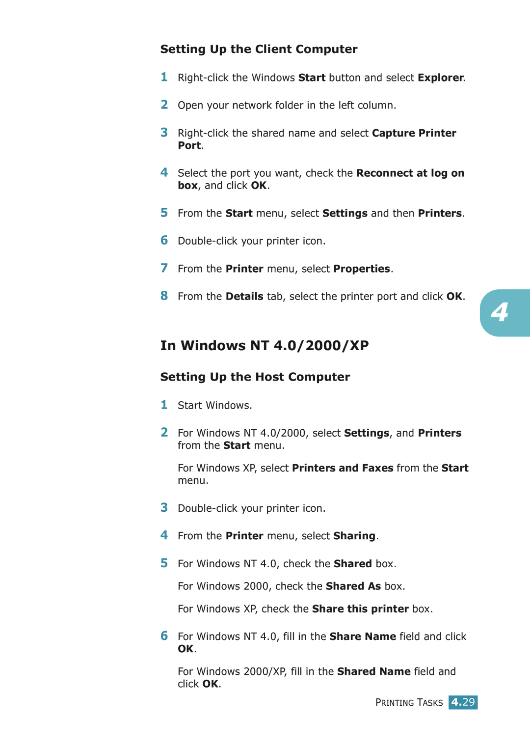 Samsung ML-2251NP manual Windows NT 4.0/2000/XP, Setting Up the Client Computer 