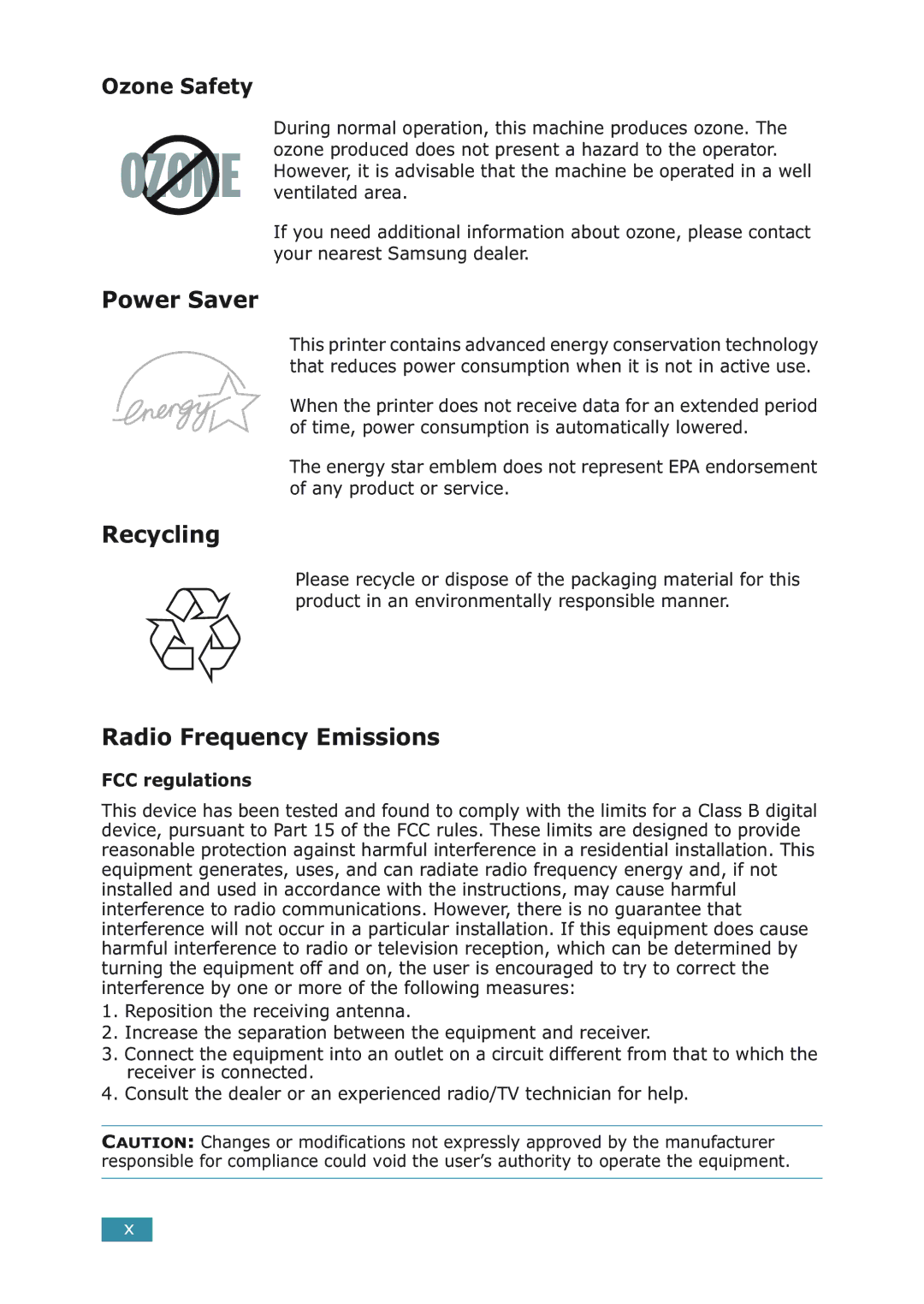 Samsung ML-2251NP manual Power Saver, Recycling, Radio Frequency Emissions, FCC regulations 