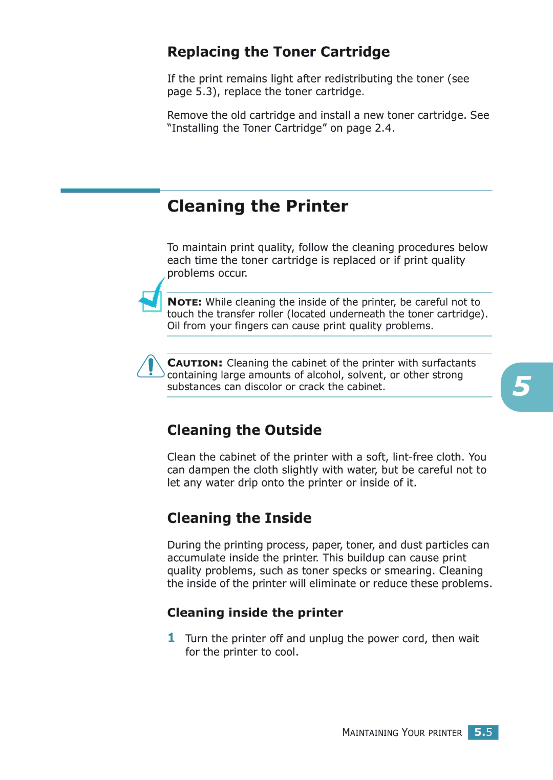 Samsung ML-2251NP manual Cleaning the Printer, Replacing the Toner Cartridge, Cleaning the Outside, Cleaning the Inside 