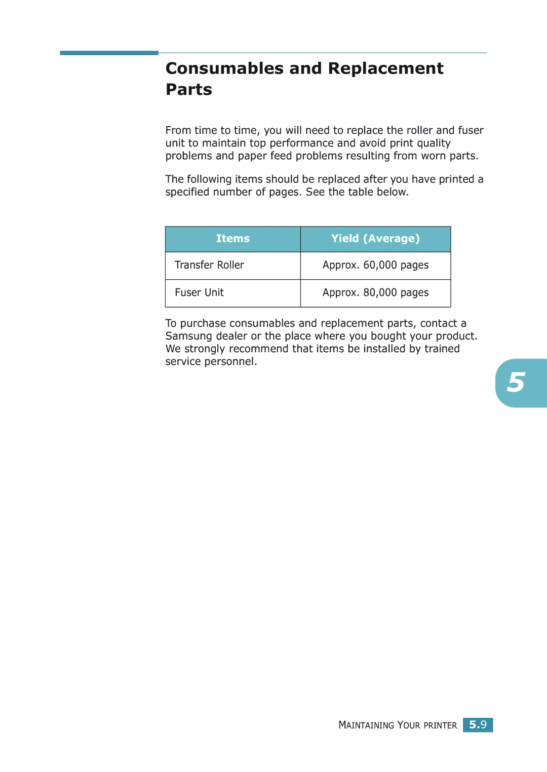 Samsung ML-2251NP manual Consumables and Replacement Parts, Items Yield Average 