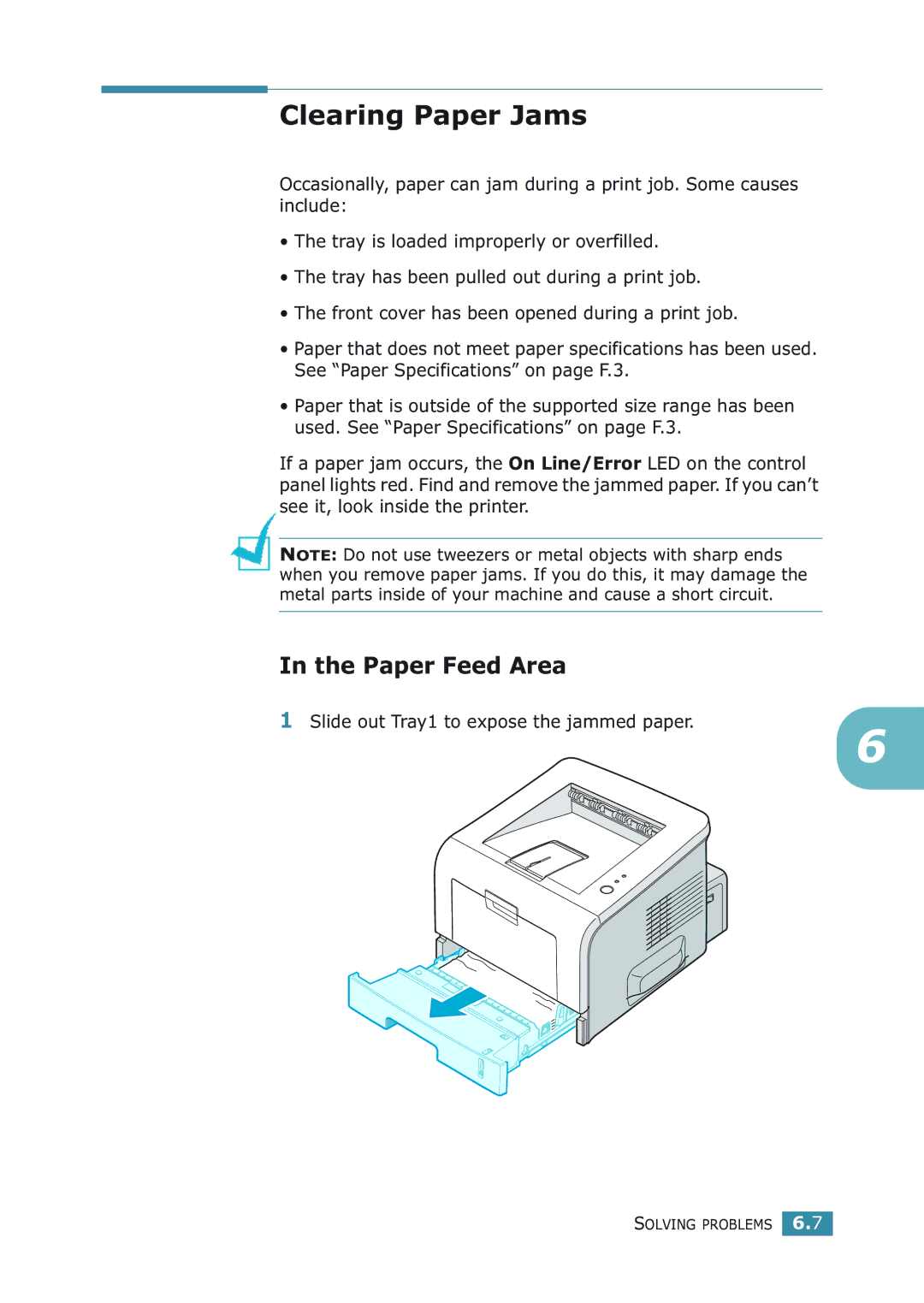 Samsung ML-2251NP manual Clearing Paper Jams, Paper Feed Area, Slide out Tray1 to expose the jammed paper 