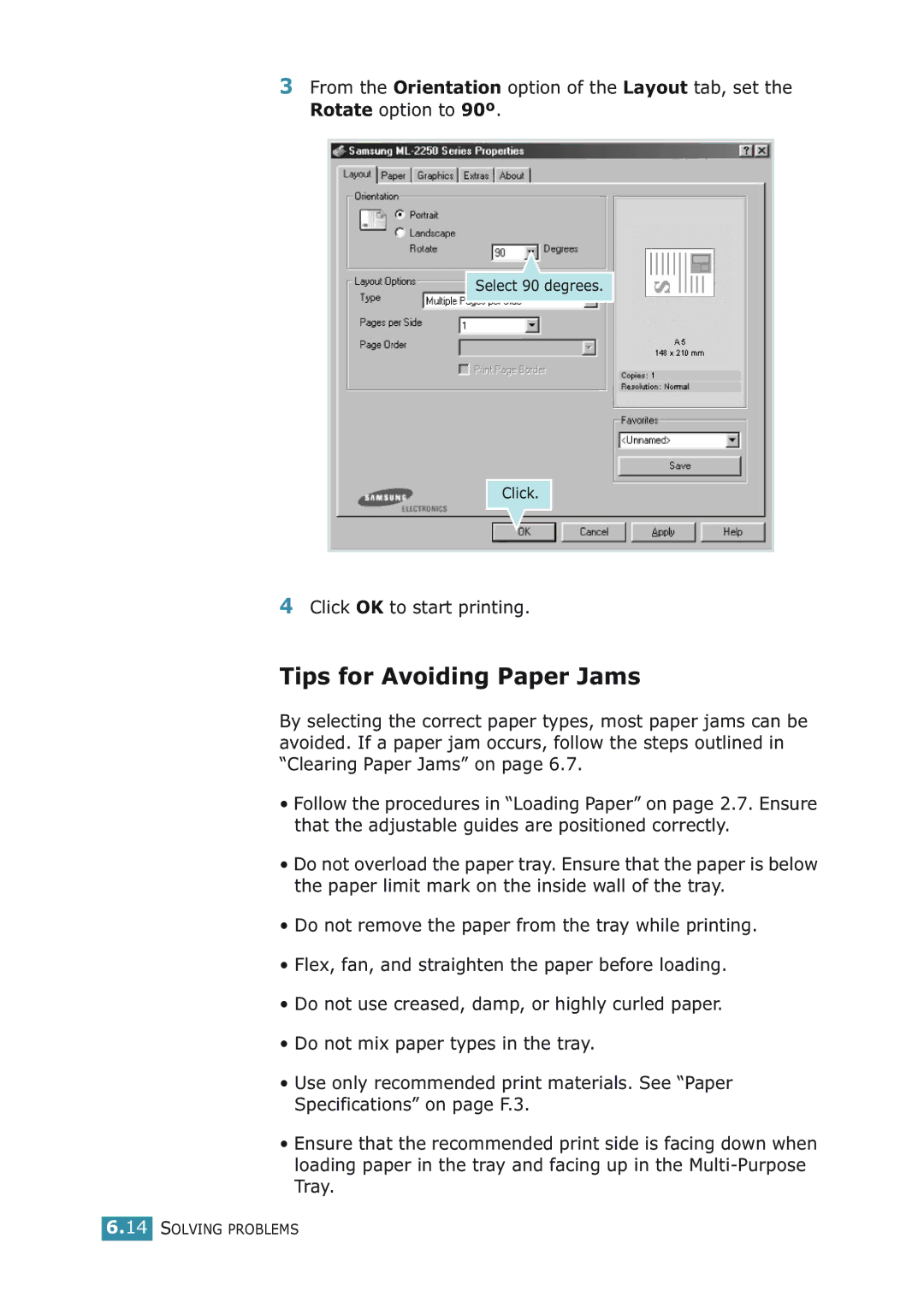 Samsung ML-2251NP manual Tips for Avoiding Paper Jams, Click OK to start printing 